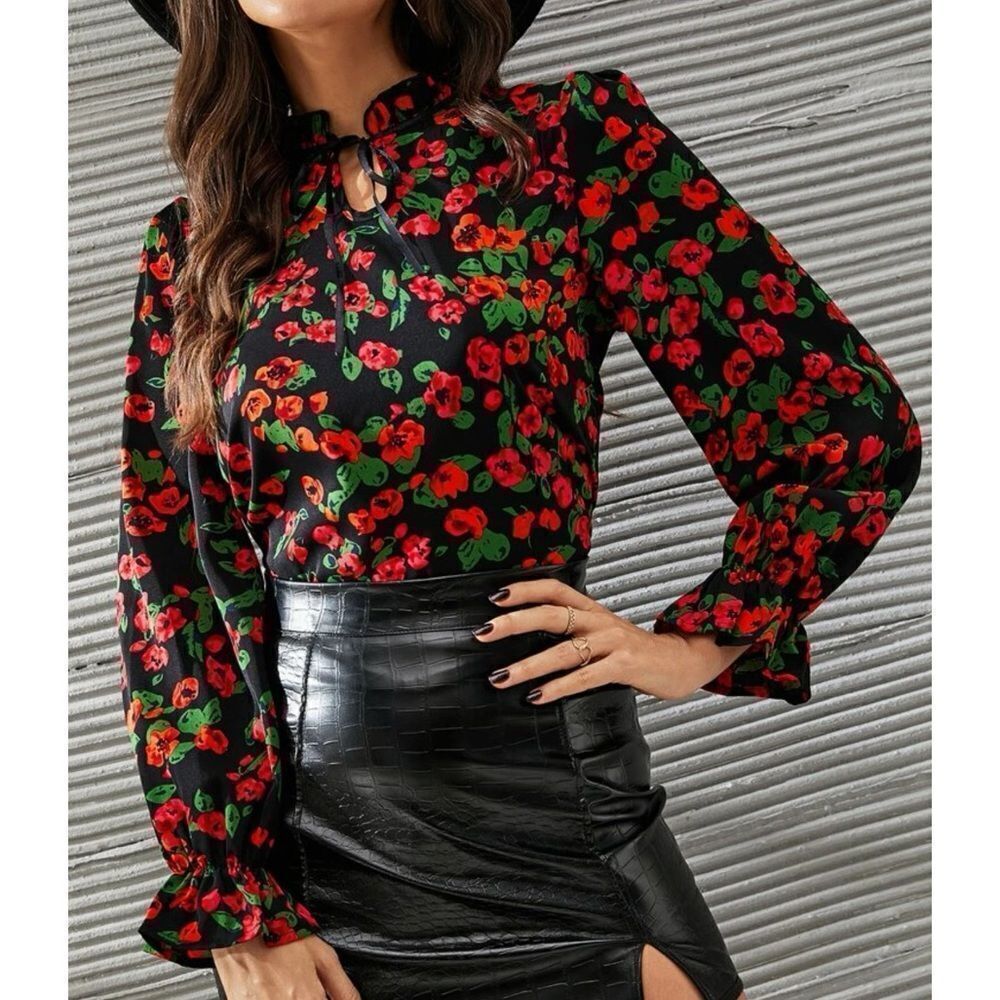 Floral Print Flounce Sleeve Frilled Tie Neck Top Small